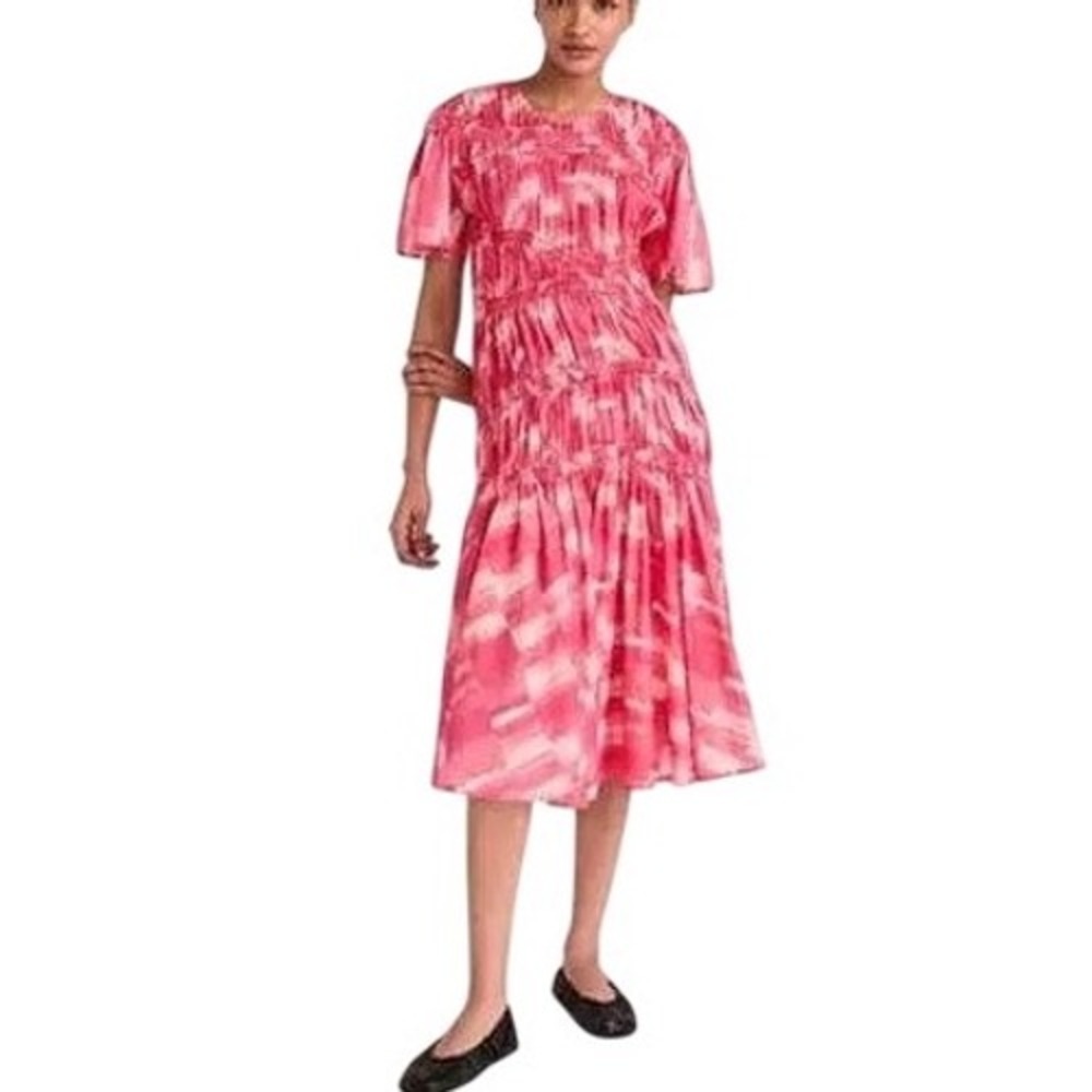 New MERLETTE Seraphine Midi Dress Pink Print Ruched Spring‎ Summer Women's M